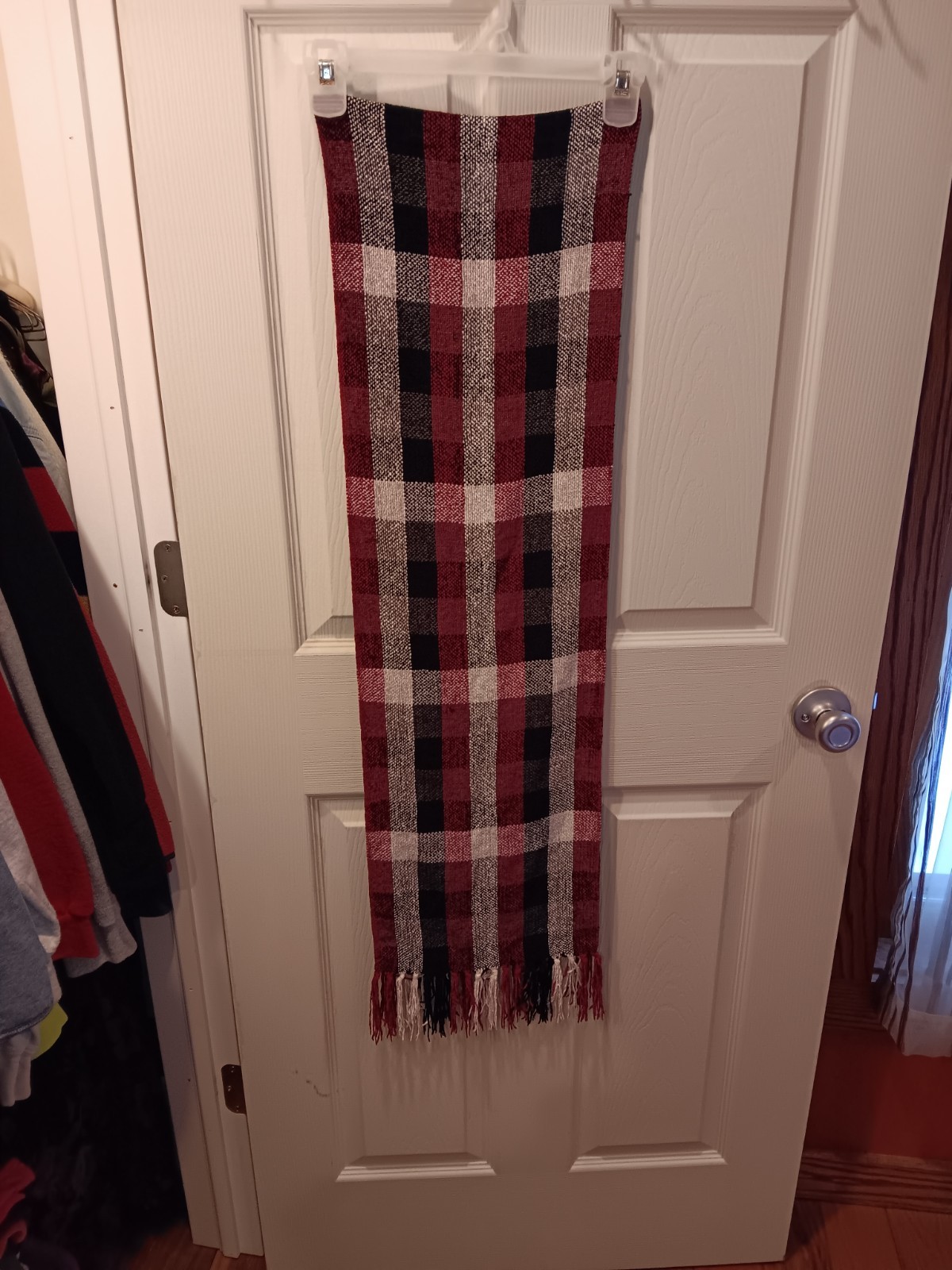 100% Rayon Gray, Red, Black, and White Checked Scarf 11 in. Wide x 76 in. Long