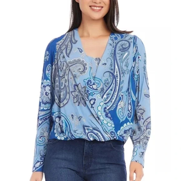 Karen Kane Drape Front Top Tunic Plus Size 3X Blue Paisley Pattern $179 NWT