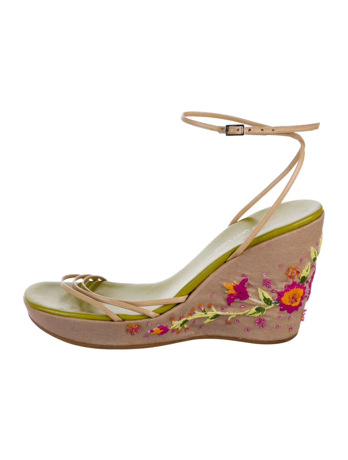 Sergio Rossi Beige Leather Rhinestone & Flower Espadrilles Sandals SZ IT 40 Good