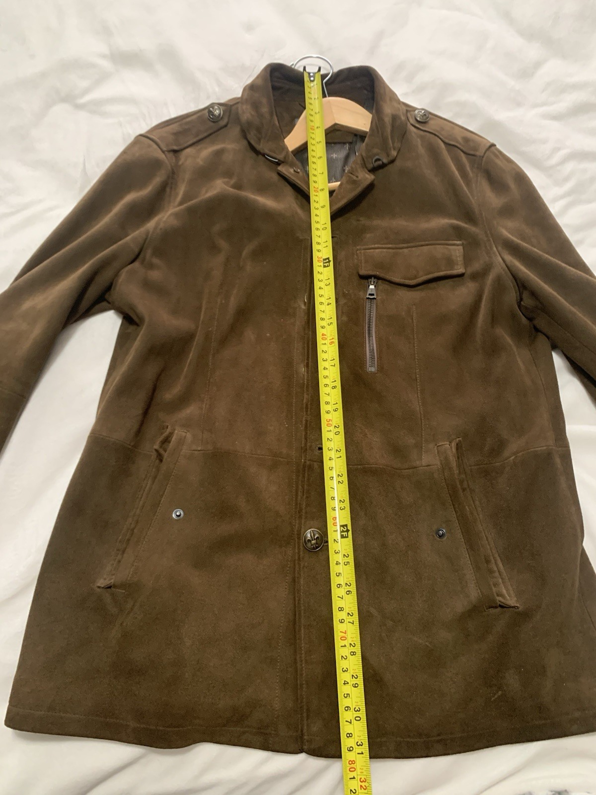 John Varvatos Brown Leather Military Jacket Stand-Up Collar Button Closure 50