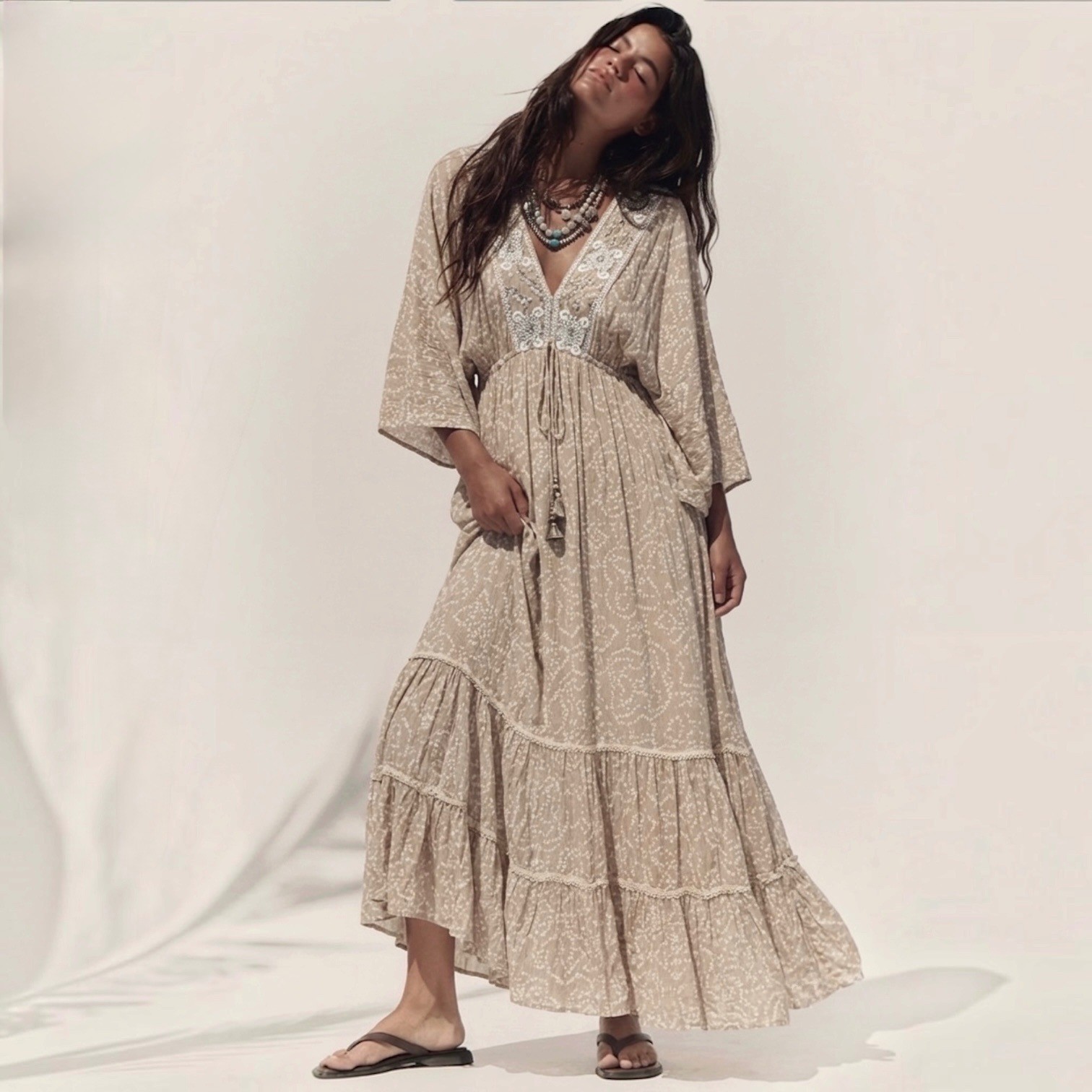 Flowy Boho Embroidered Cotton Tiered Maxi Dress Sz S Kaftan Beach Babydoll