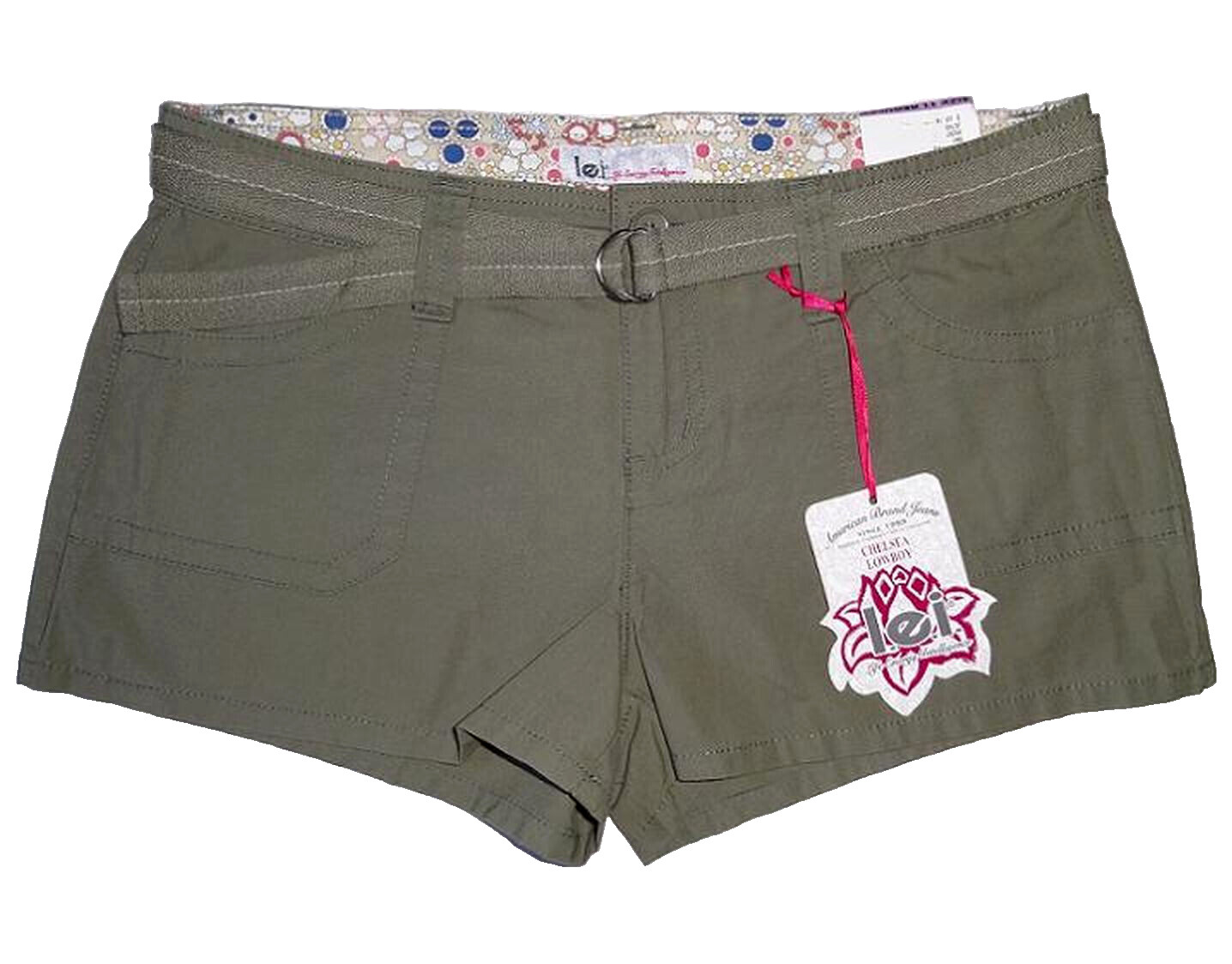 Y2K BEACH L.E.I. ARMY OLIVE GREEN CHELSEA LOWBOY UTILITY SHORTS +BELT Jrs 11 NWT