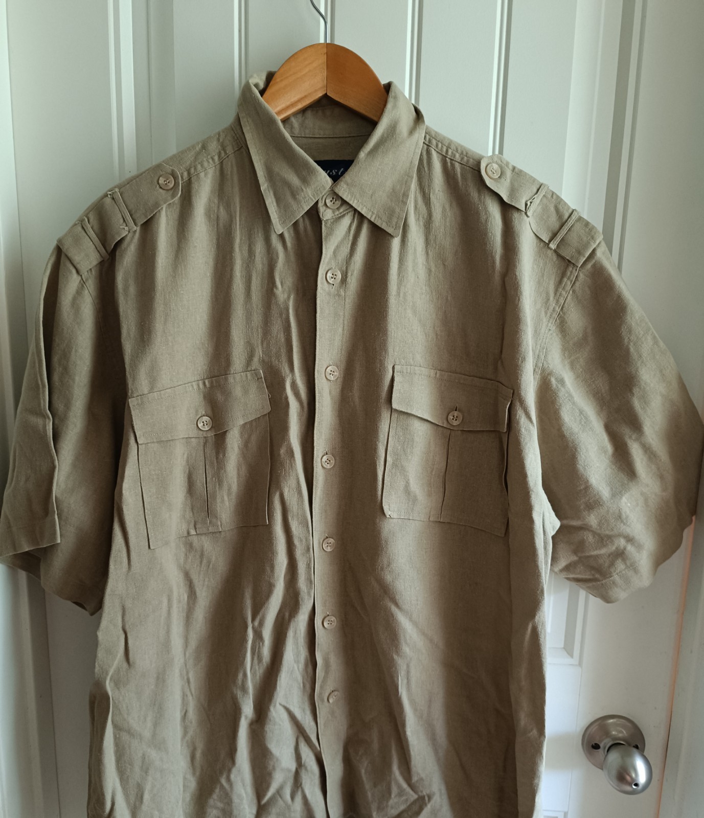 Tan Short Sleeve Button Down Mens XXL Linen Blend Casual Travel Beach Cholo