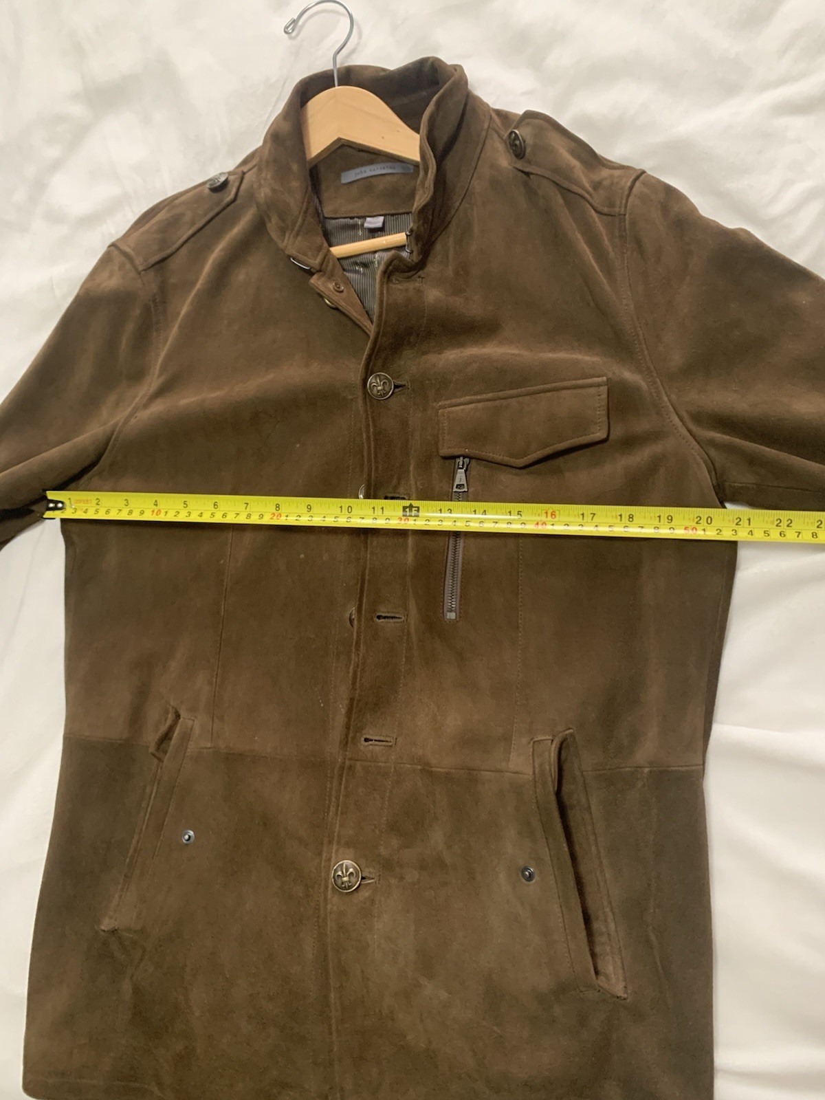 John Varvatos Brown Leather Military Jacket Stand-Up Collar Button Closure 50