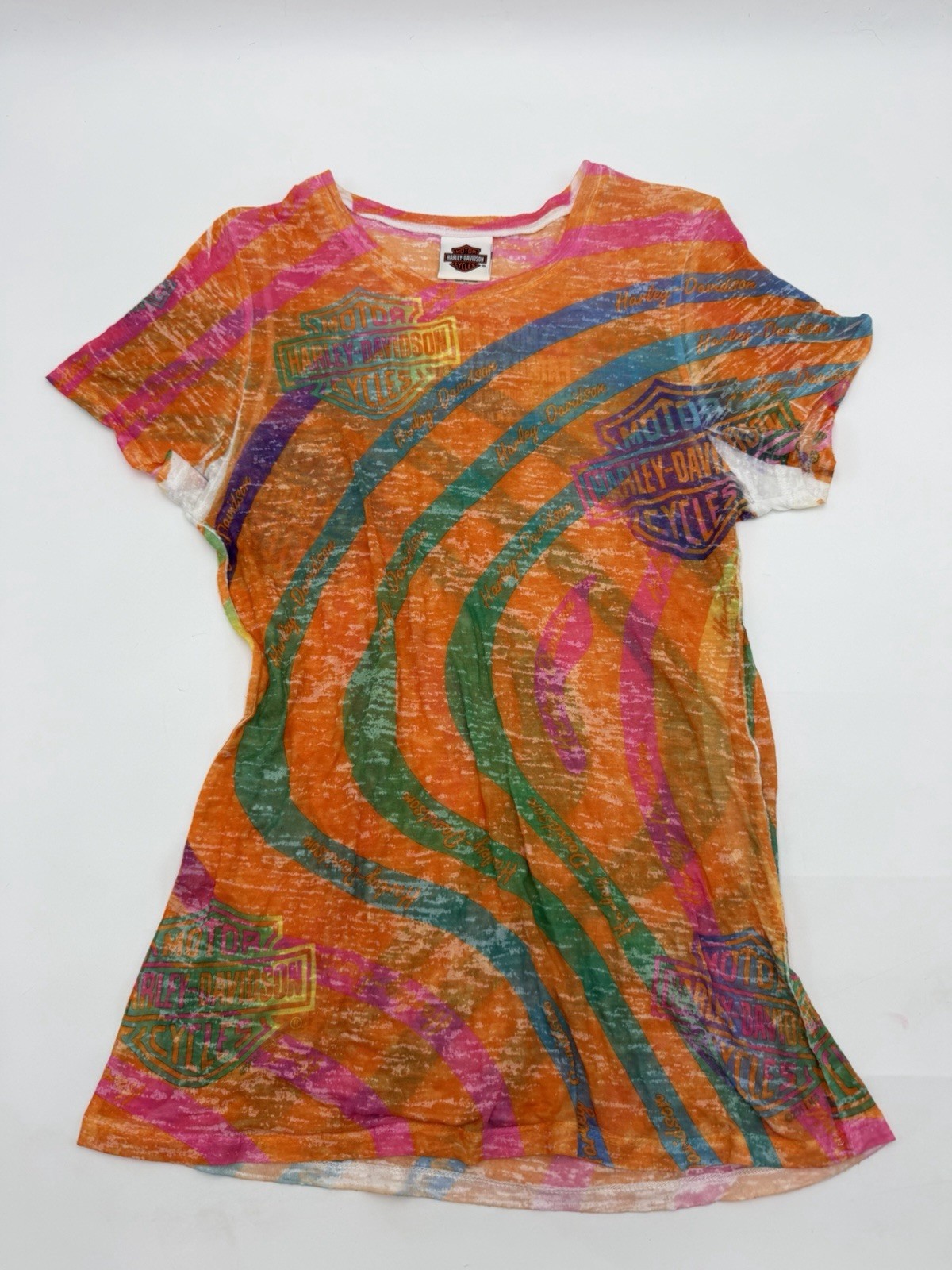 Harley Davidson TShirt 2XL Womens Orange Psychedelic Burnout Swirl Biker Grunge
