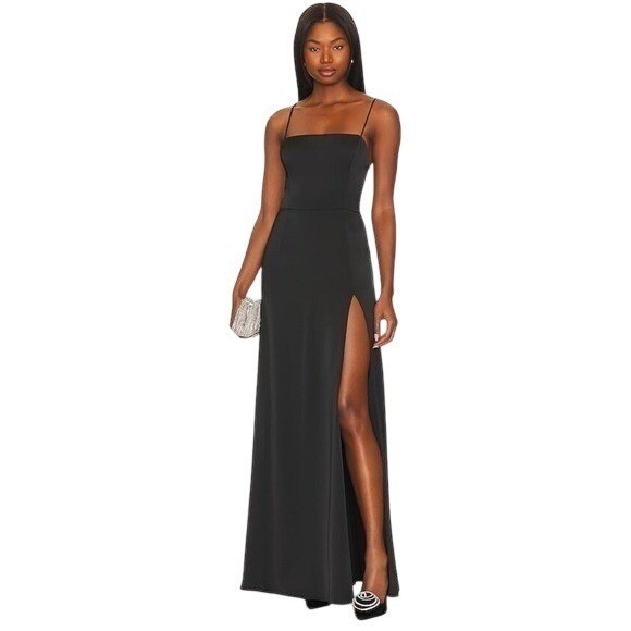 Katie May Black Square Neck High Slit Maxi Dress S Formal Wedding Guest Gown