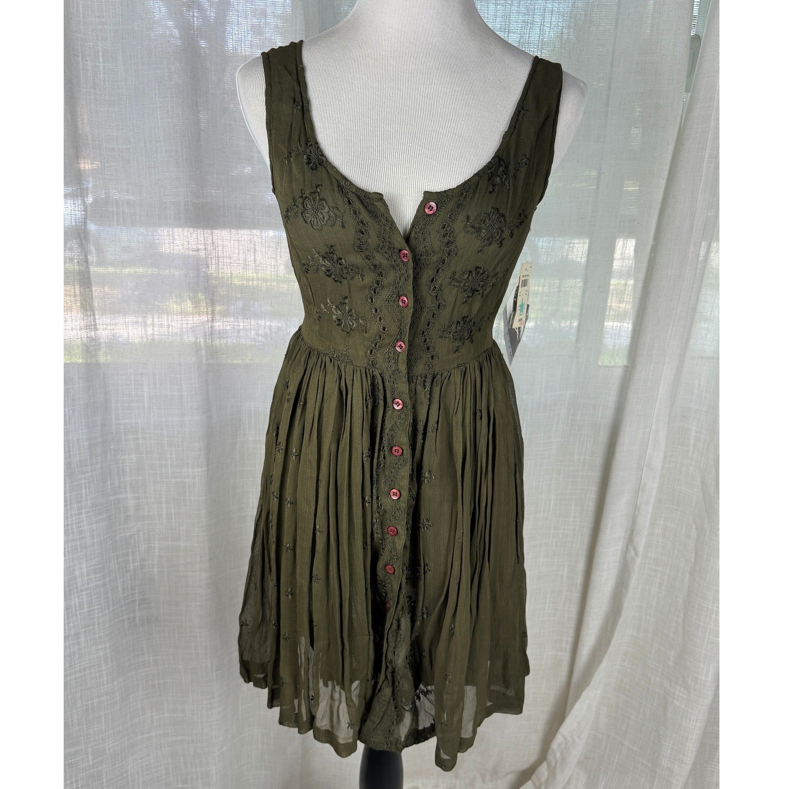 Bongo Vintage 90s Olive Green Embroidered Button Front Dress NWT Size M