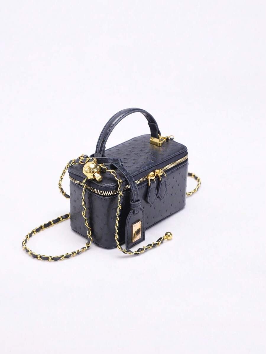 Mini Quilted Box Bag Rhinestone Embroidery Zipper Handbag Chain Strap Purse