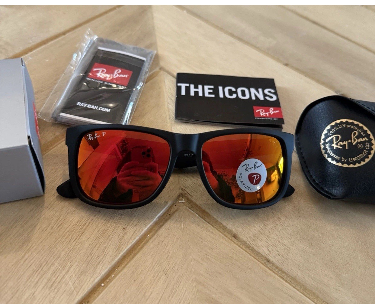 Ray Ban Justin Black Matte 4165 622/6Q Red Orange Mirrored Lenses 54mm Polarized