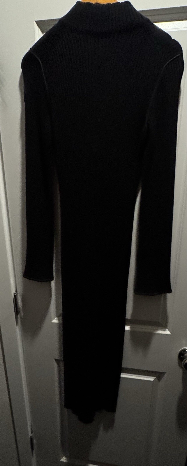 Moncler Black Knit Sweater Dress M Women Zip Front Mock Neck Bell Sleeve Logo