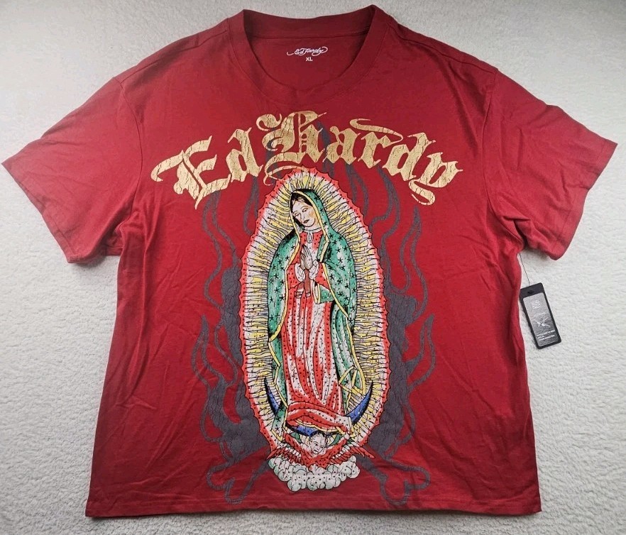 Ed Hardy Religion Jesus Mother Mary Mens XL Graphic Print Tattoo T-Shirt Red