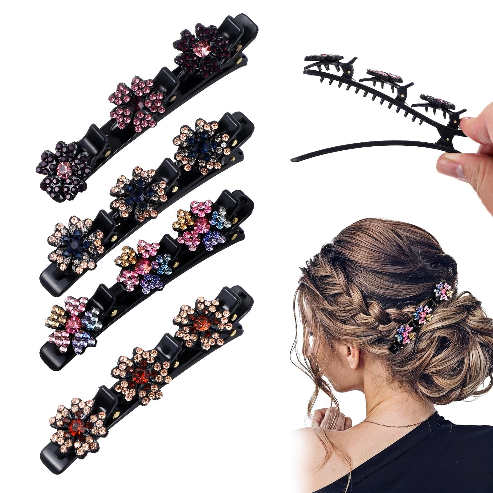 4PCS Sparkling Crystal Stone Braided Hair Clips with 3 Small Clips