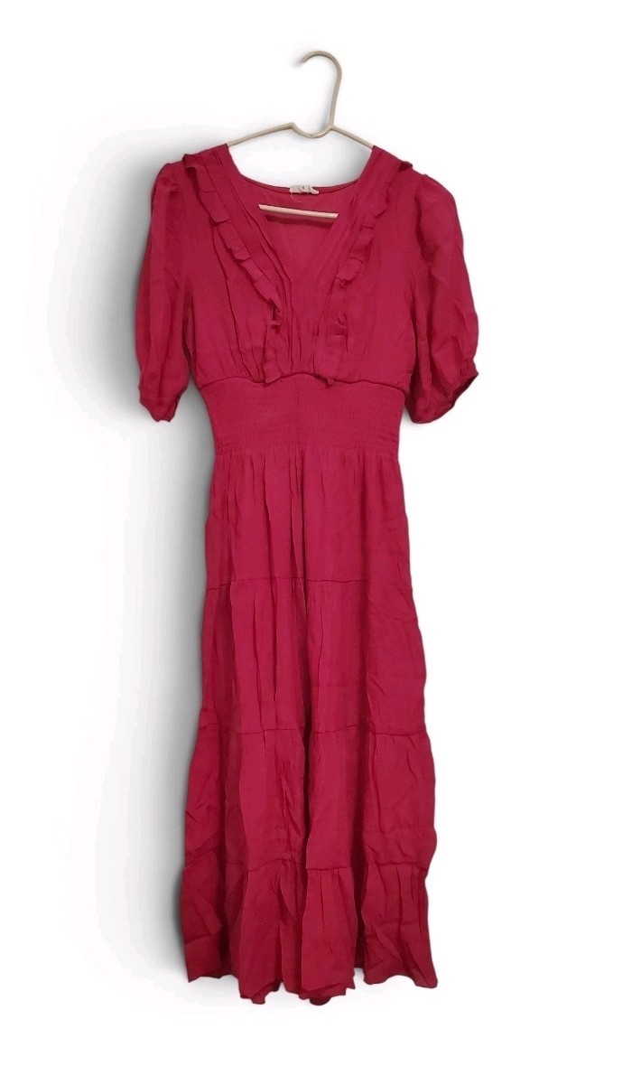 Kings Road Women’s Brick Red Fit & Flare Shirred Waist Tiered Dress Size PM