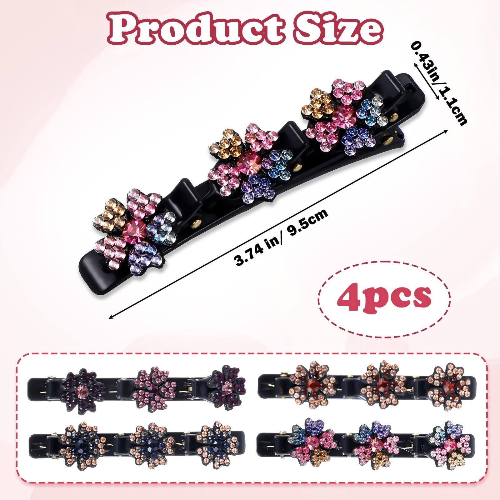 4PCS Sparkling Crystal Stone Braided Hair Clips with 3 Small Clips