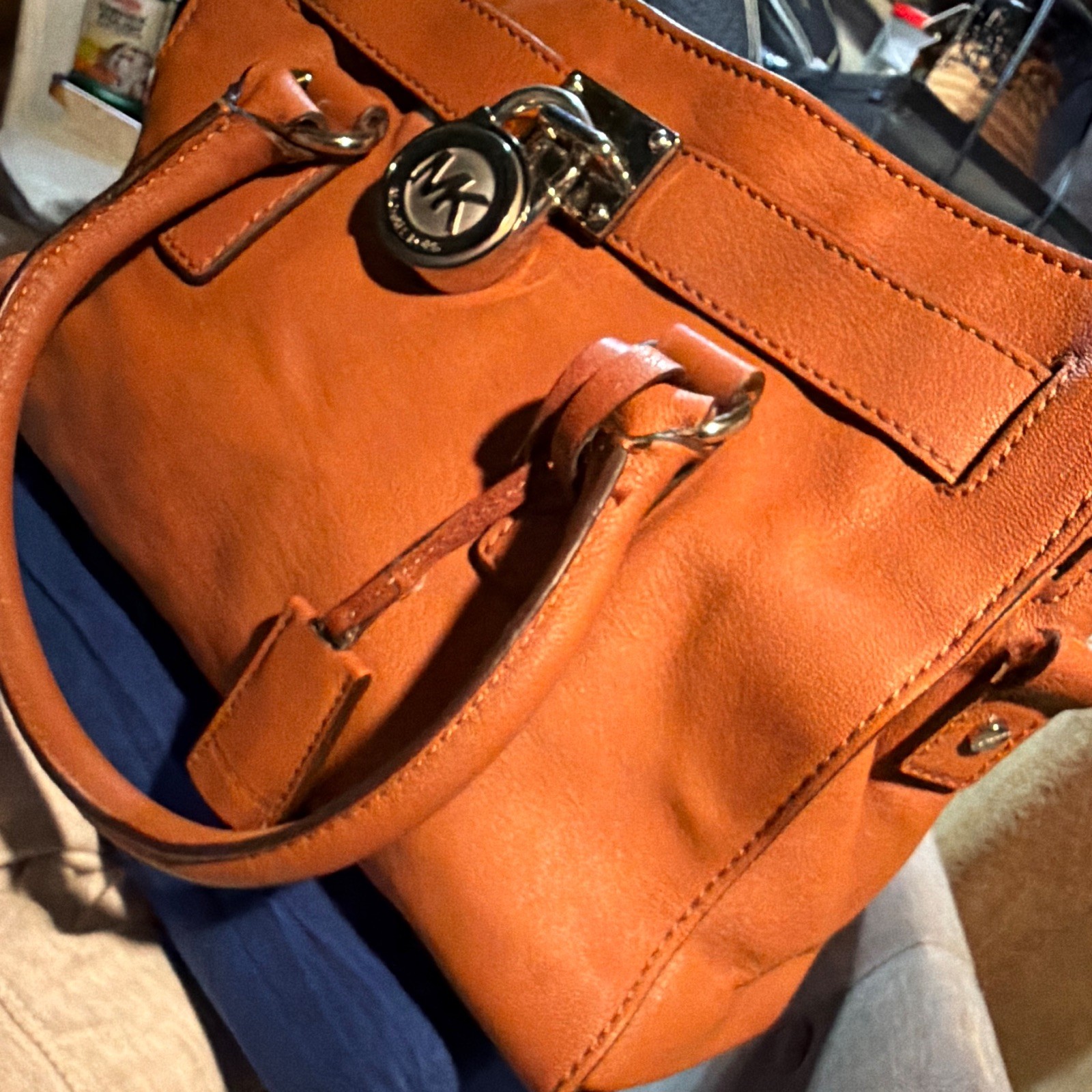 Michael Kors Brown Pebbled Satchel Turn Lock Silver Hardware Double Handles Key