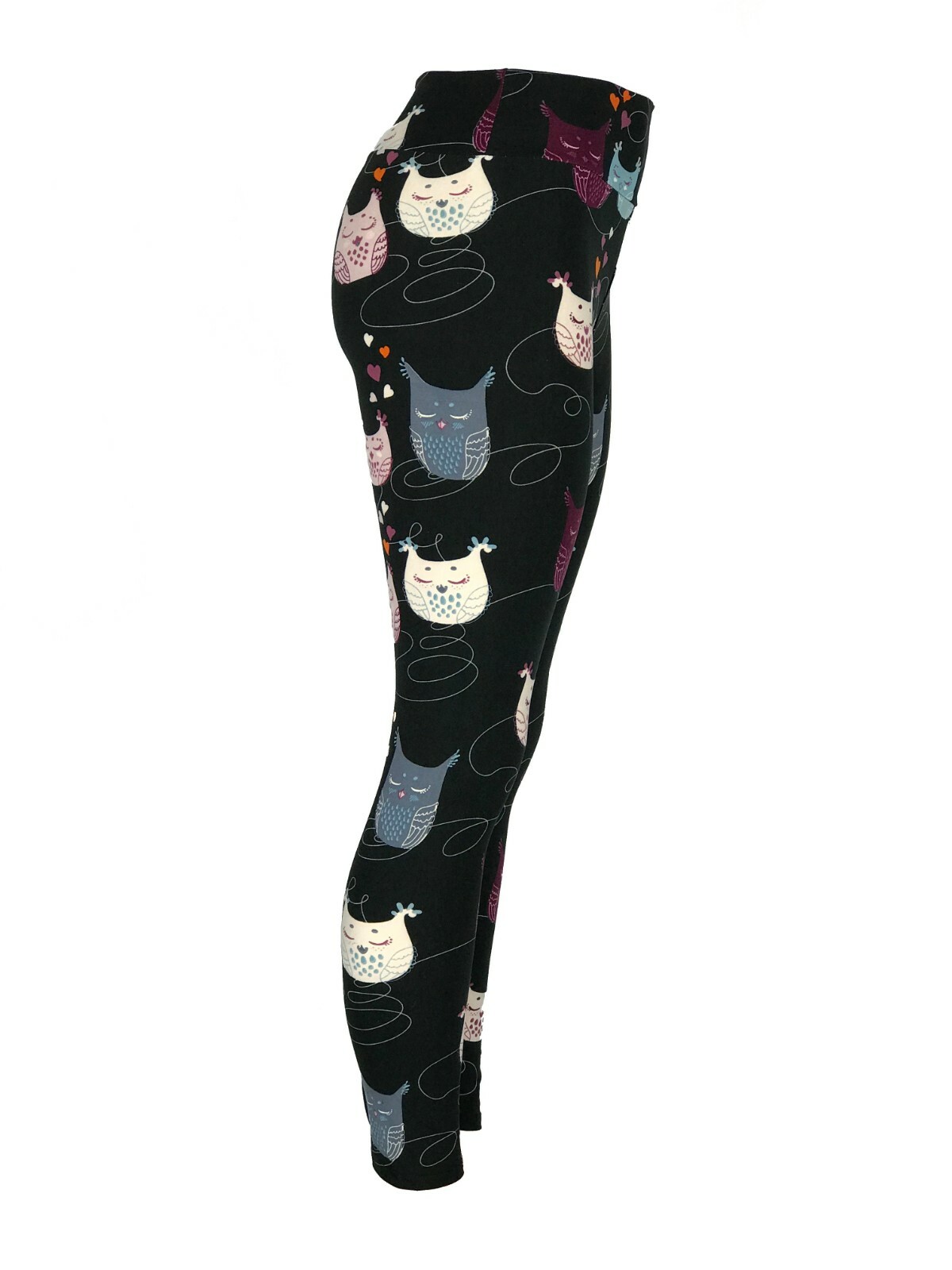 Cute Colorful Owls & Hearts Pinks Blues Purple Yoga Waistband Leggings So Soft