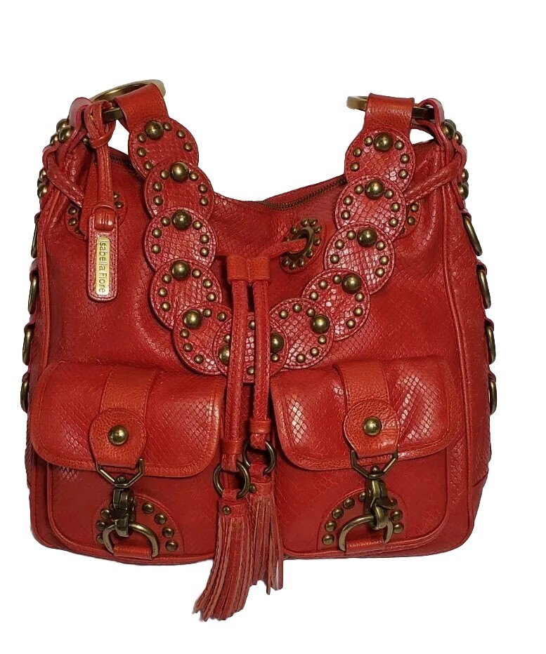 ISABELLA FIORE SNAKE CHARMER RED STUDDED EMBOSSED LEATHER SHOULDER HANDBAG $695