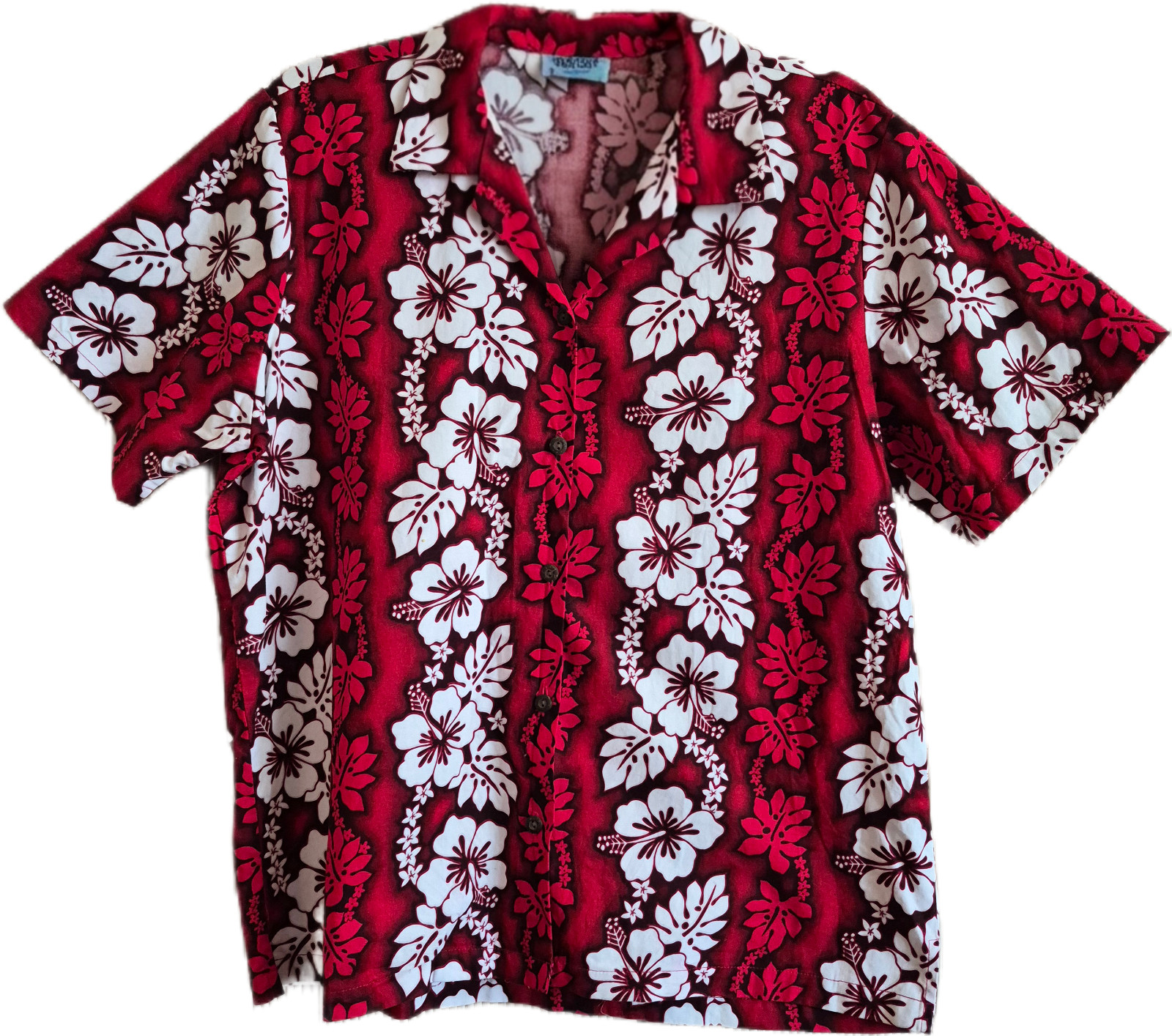 Hawaiian Vintage Men’s Aloha Shirt Red White Floral Lei Cotton Hawaii USA