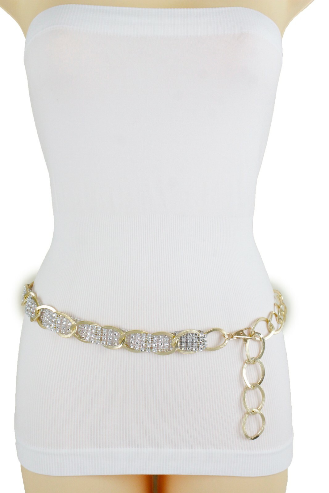 Women Gold Color Metal Chain Fashion Belt Silver Mesh Fabric Bling Beads XS S M