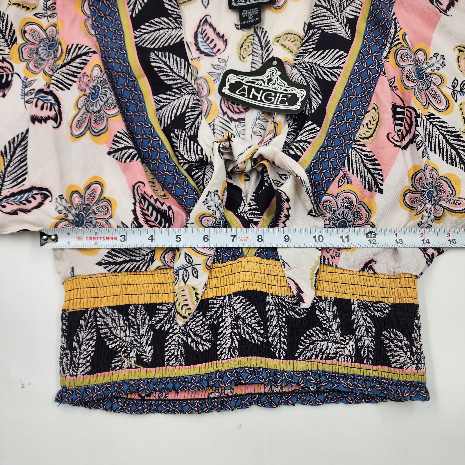 Angie Medium Boho Floral Paisley Tie Front Crop Top Smocked Waist Blouse New