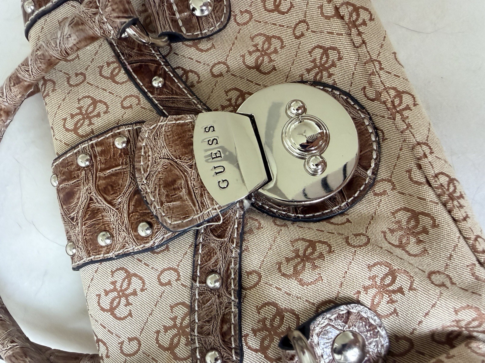 GUESS Monogram Satchel Top Handle Bag Beige/Brown Turn Lock Zip Silver Small