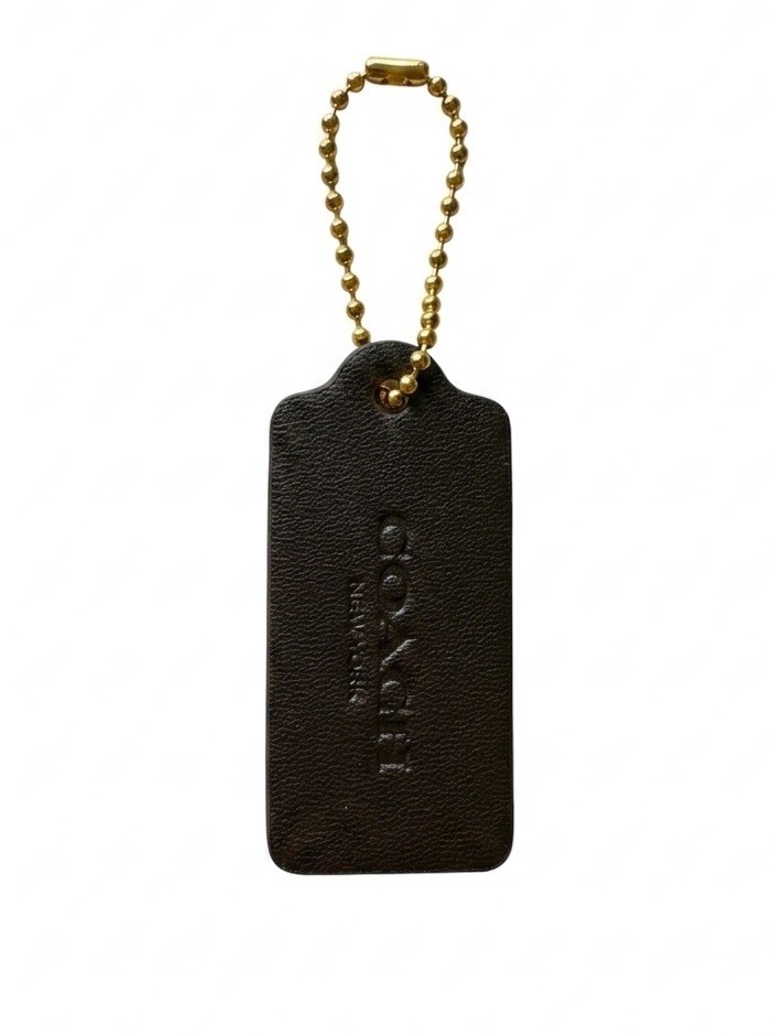 Authentic Coach New York Black Leather Hangtag Gold-Tone Chain Bag Charm 2.25”