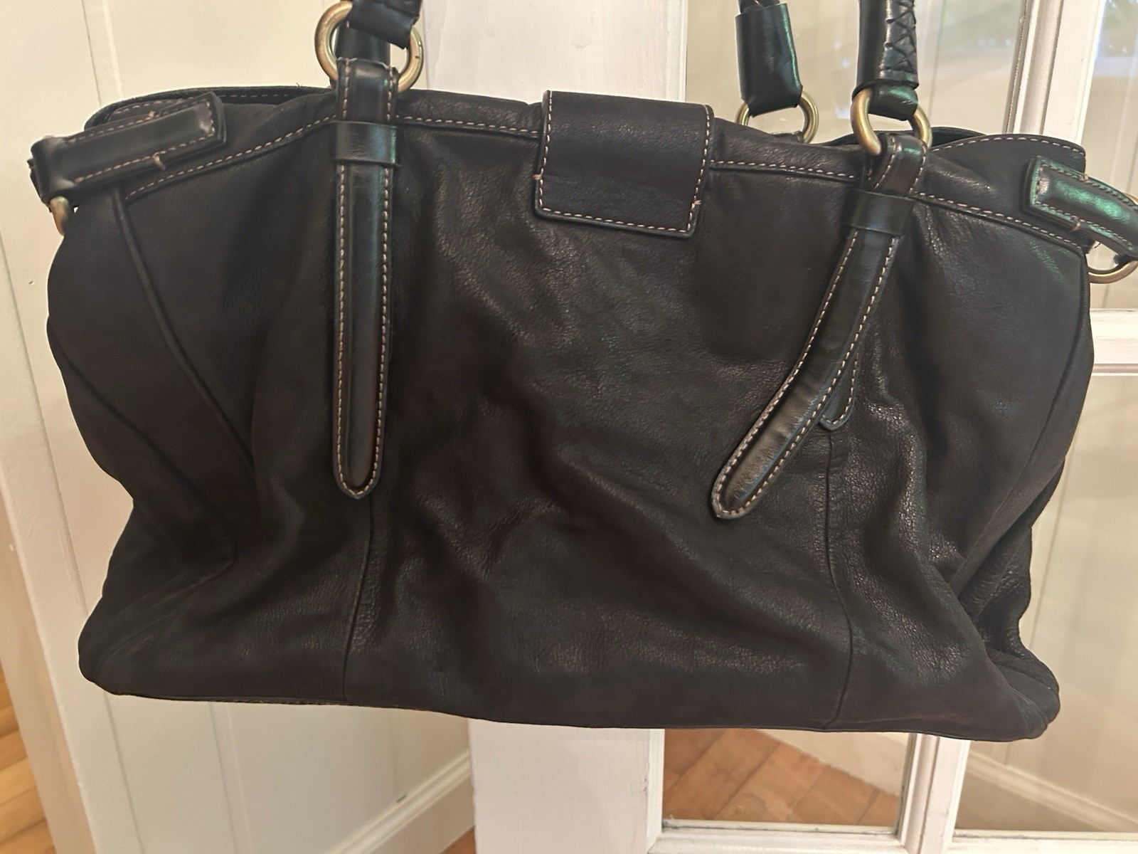 Francesco Biasia Black Leather Shoulder Bag Buckle Accent Zip Top Brass Hardware