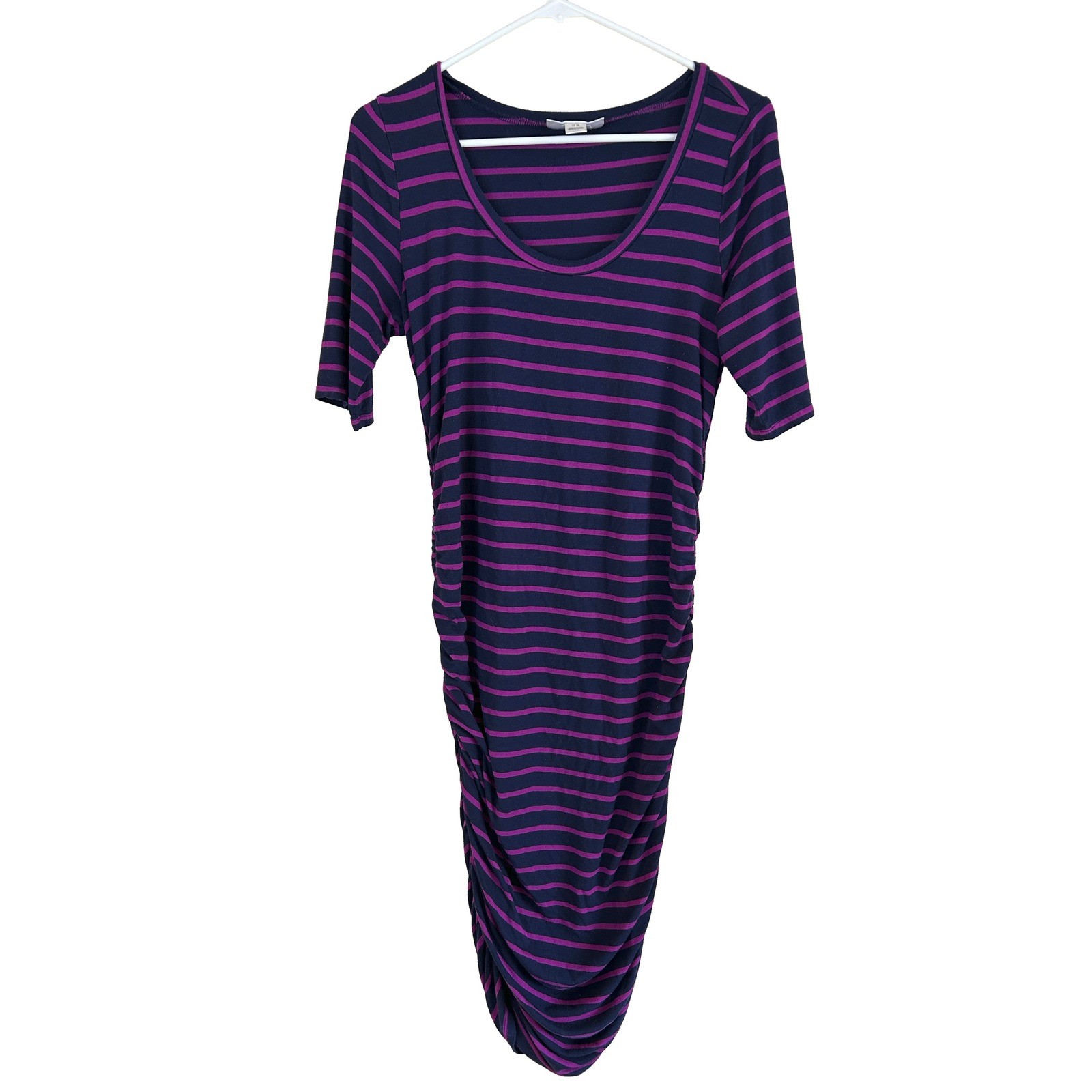 EUC Motherhood Maternity Midi Stretch Striped Purple Short Sleeve Dress Medium M