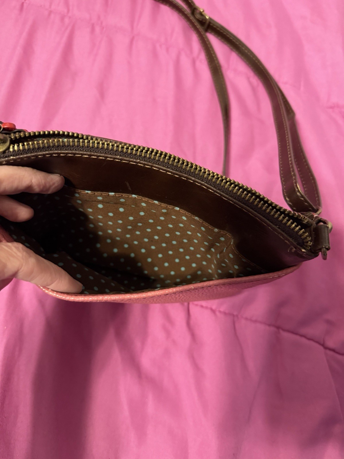Chala Pink Butterfly Flower Accent Crossbody Bag Brown Strap Bronze Zipper Purse