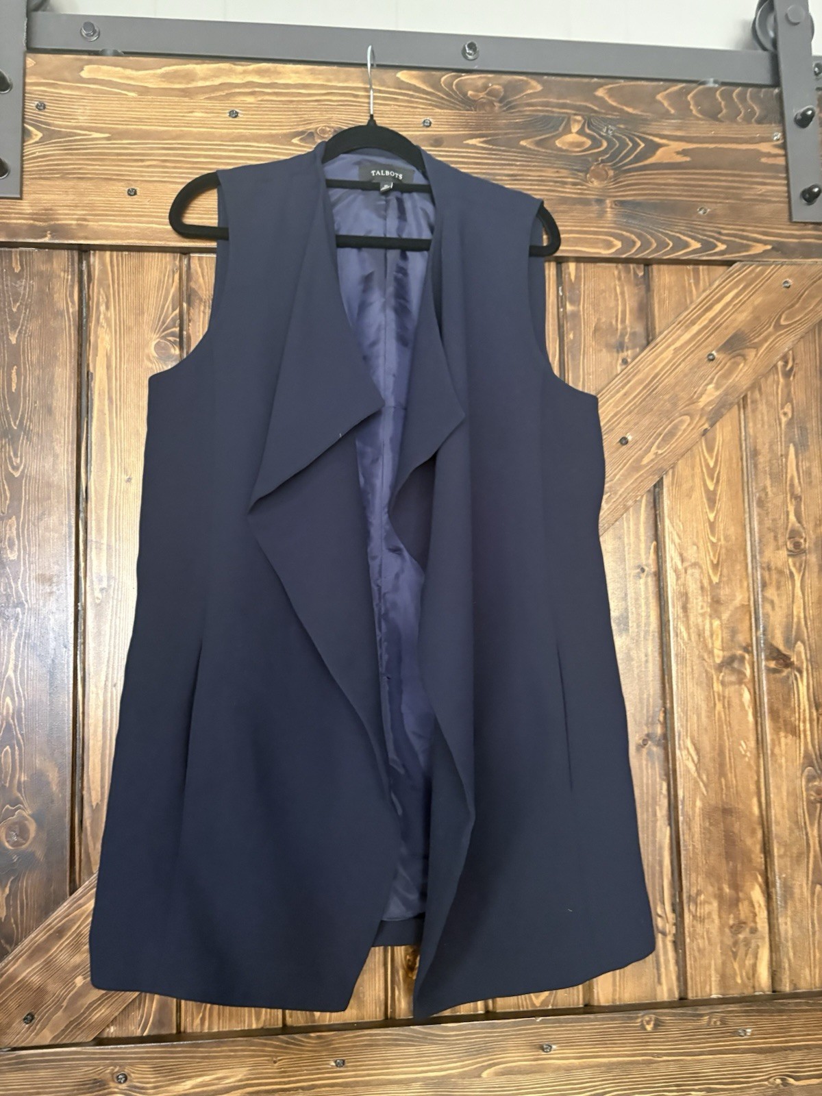 LTalbots Womens Easy Travel Long Vest Navy Blue Single Button Strap Ze Medium