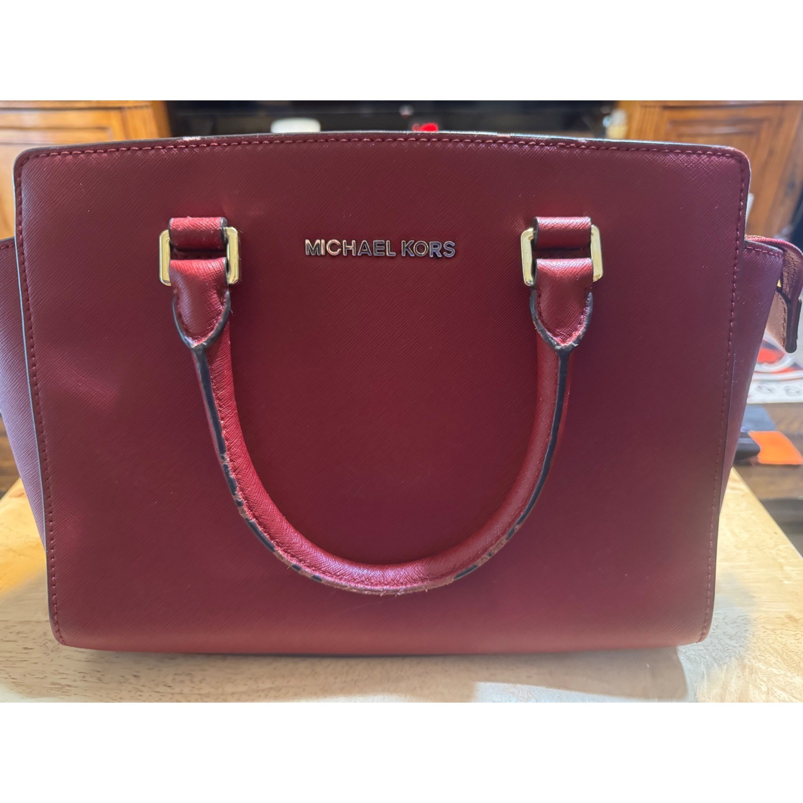 Michael Kors Savannah Saffiano Leather Satchel Burgundy Handbag Red Silver Tone