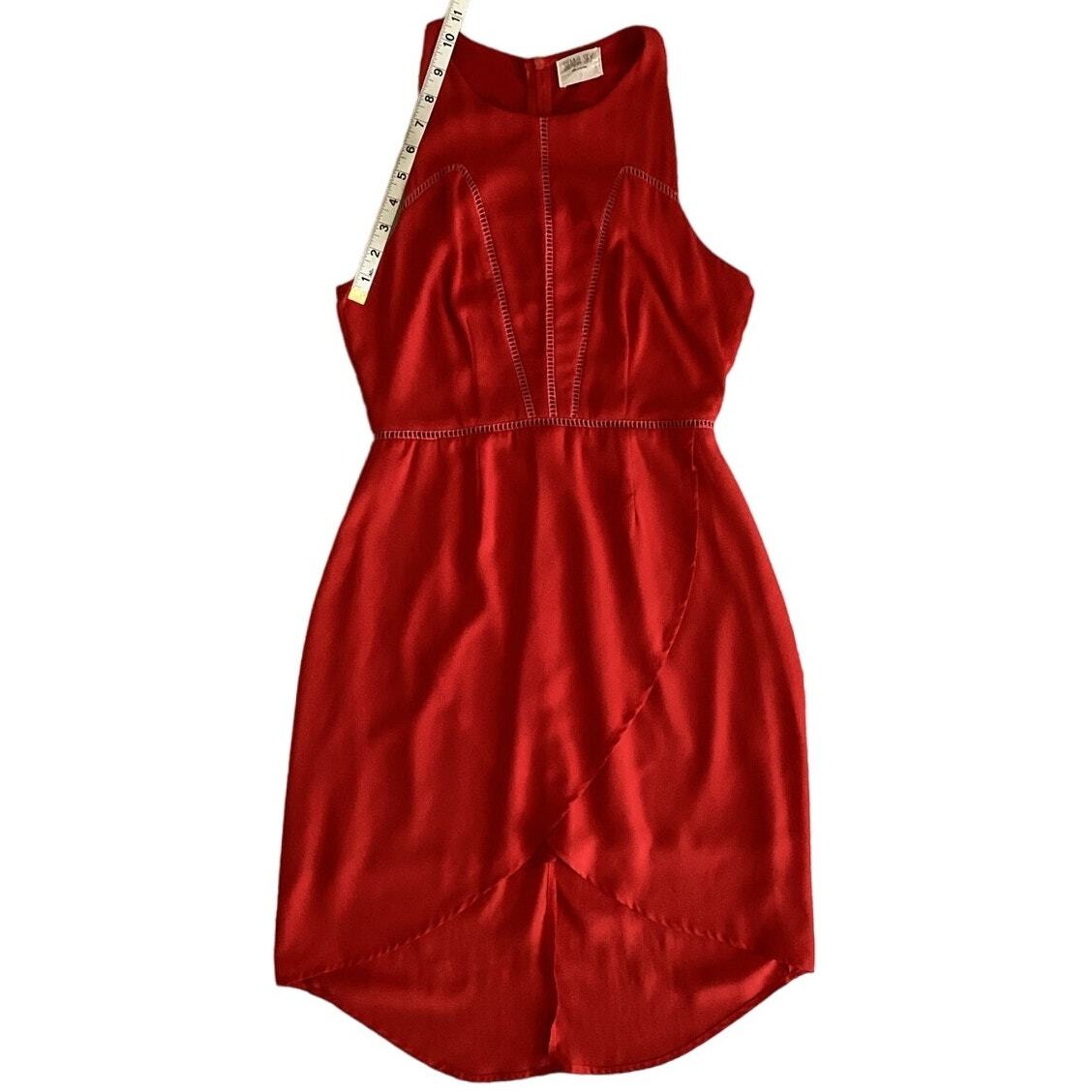 Sienna Sky High Low Sleeveless Crochet Asymmetrical Tulip Mini Dress Red S