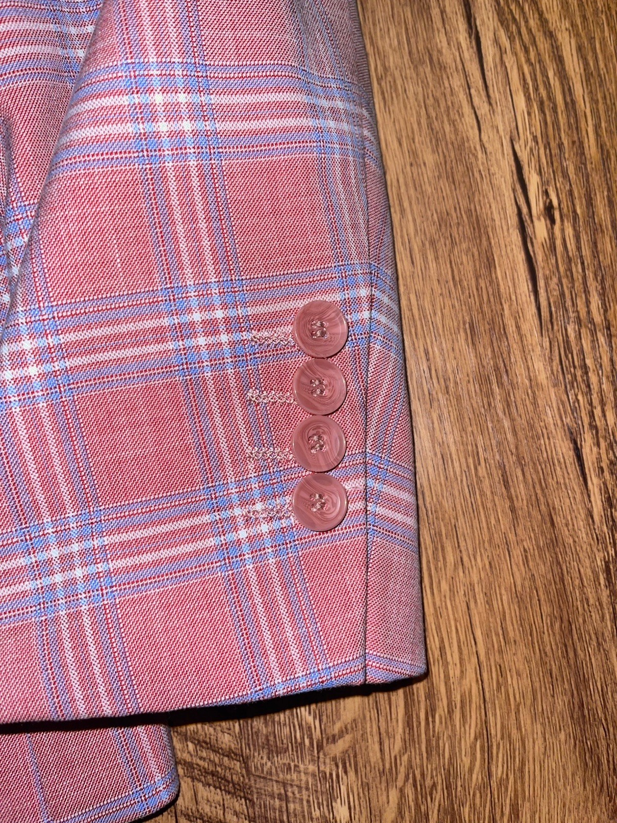 Men’s Lineage Pink Blue Plaid Polyester Blend Blazer Suit Sz 42S Pants 35×29