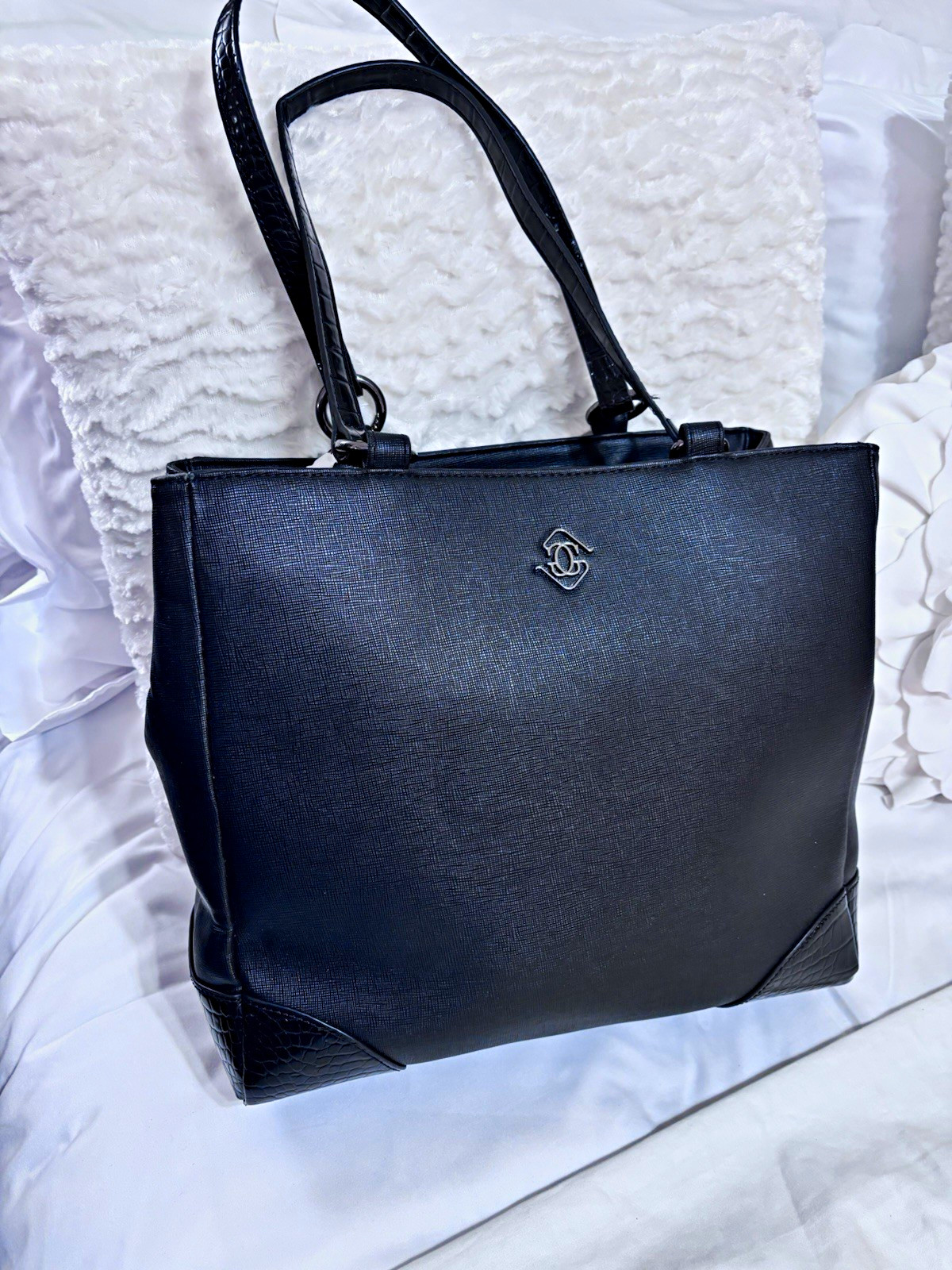 Glass Ladder & Co Black Vegan Work Tote Laptop Bag Organizer Croc Shoulder Bag