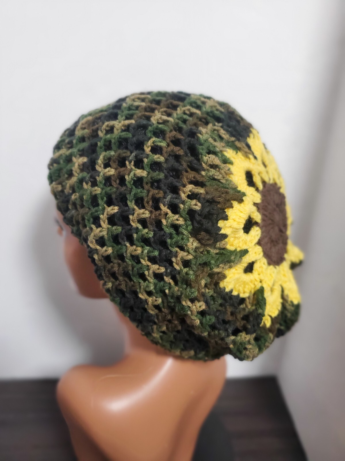 Camouflage Crochet Flower Tam Slouch Hat With Drawstring Handmade One Size