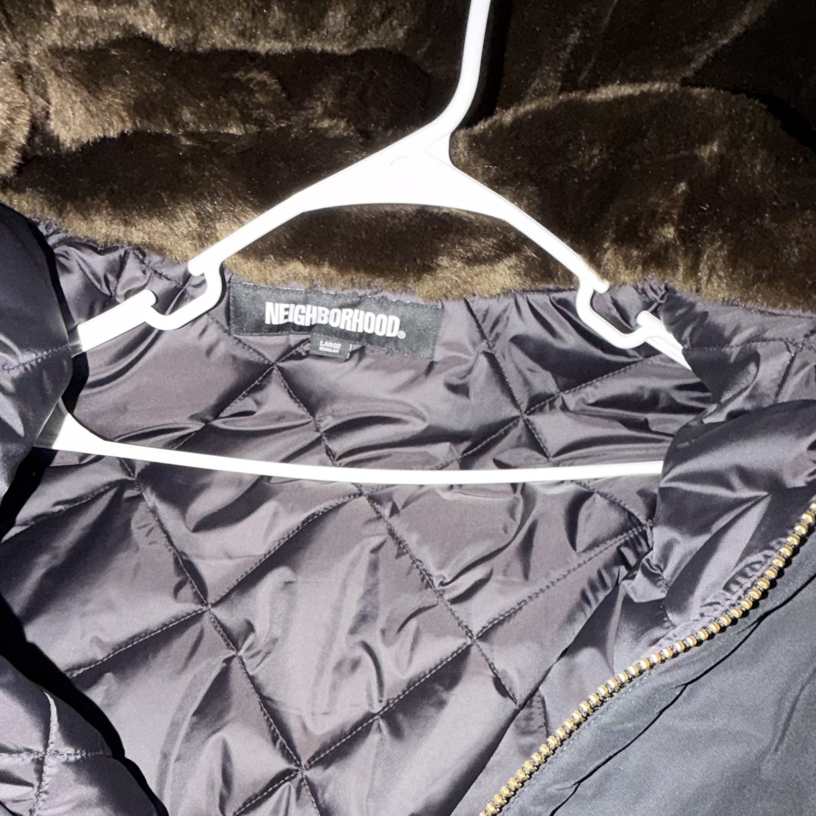 NEIGHBORHOOD Men’s Black Hooded Parka Coat Fur Trim Zip/Button Size L