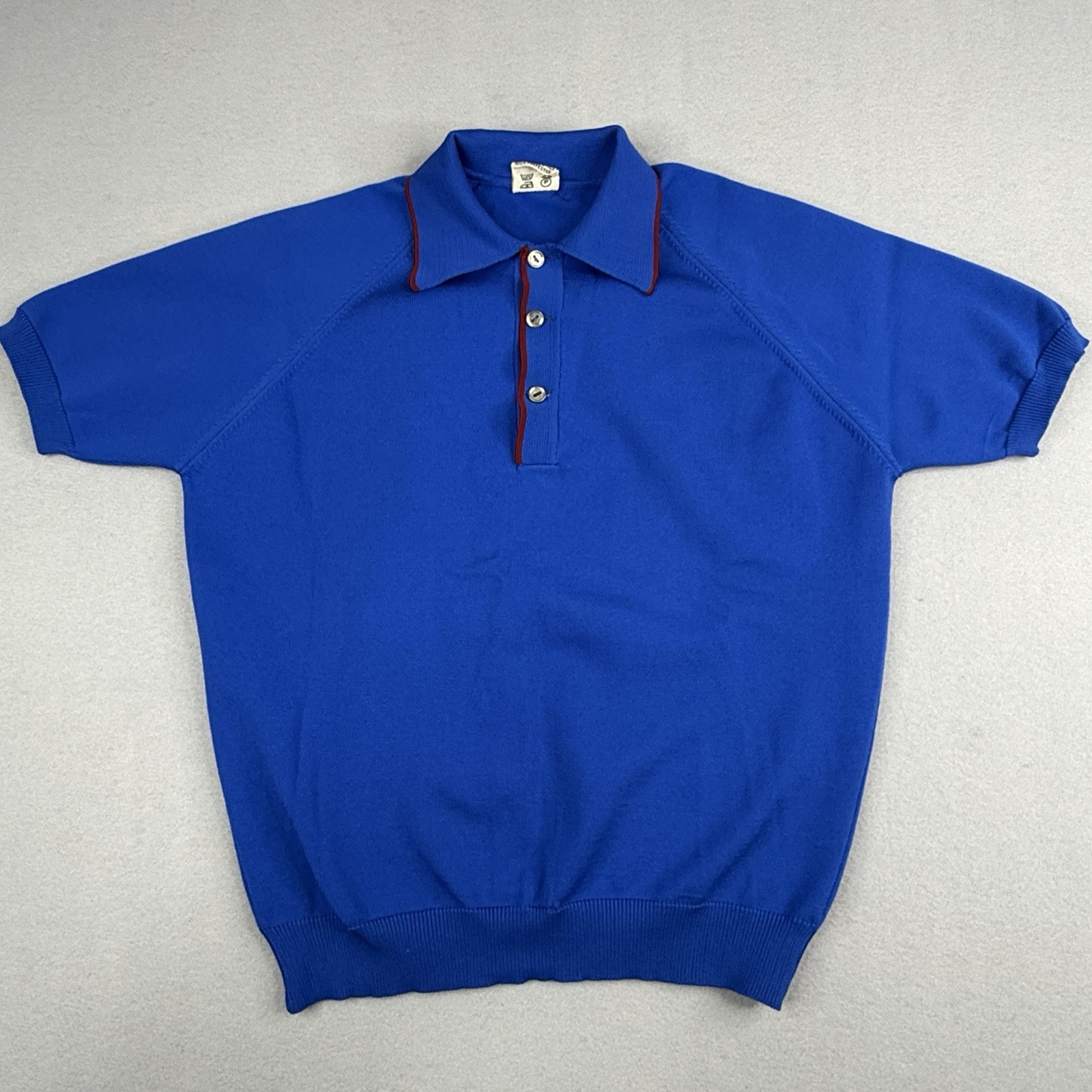 Vintage Trevira 2000 Knit Polo Shirt Blue Red Trim Retro 70s Men’s Small