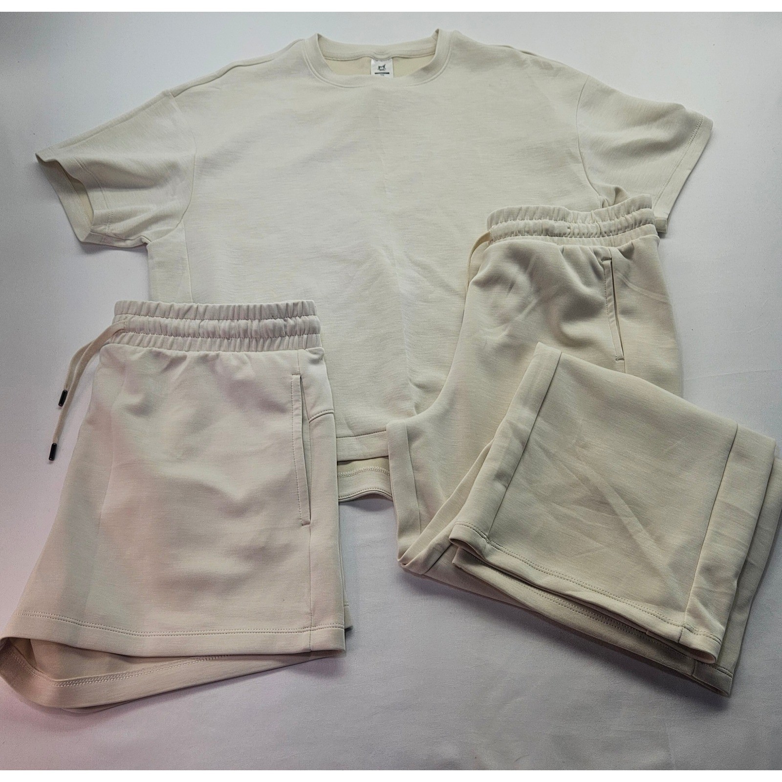 Members Mark Sandwash Lounge Set Tee Shorts Wide Leg Pants Cream 3 Piece L XL
