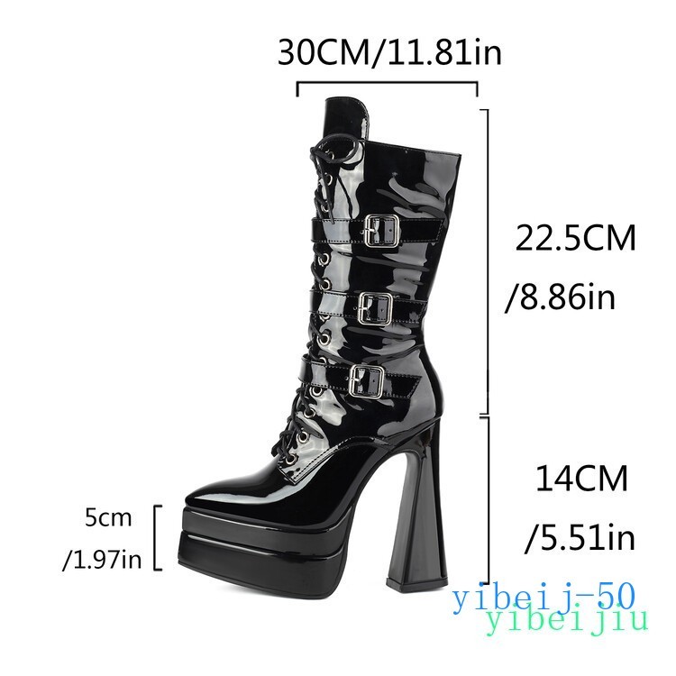 Women’s Mid Calf Boots High Heels Platform Leather Runway Party Buckle Shoes Zip