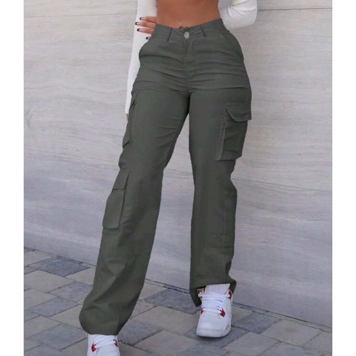 SHEIN Charcoal Grey Wide Leg Cargo Pants Elastic Waist Utility Trousers Size L