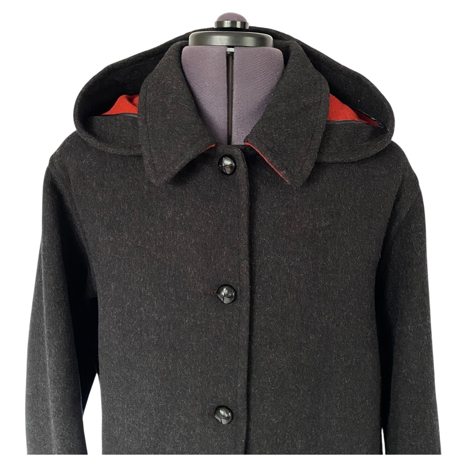 LODENFREY Hooded Coat Black Charcoal Virgin Wool Red Trim Ladies UK 18 D/A 44