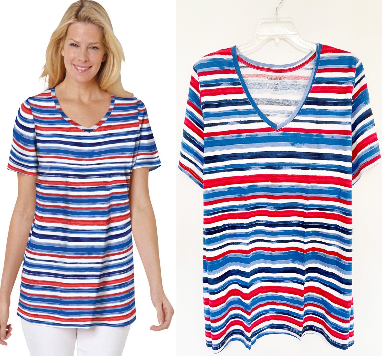 Womens Plus Size 26/28 30/32 34/36 3X 4X 5X COTTON V-Neck Striped Top Length 31″