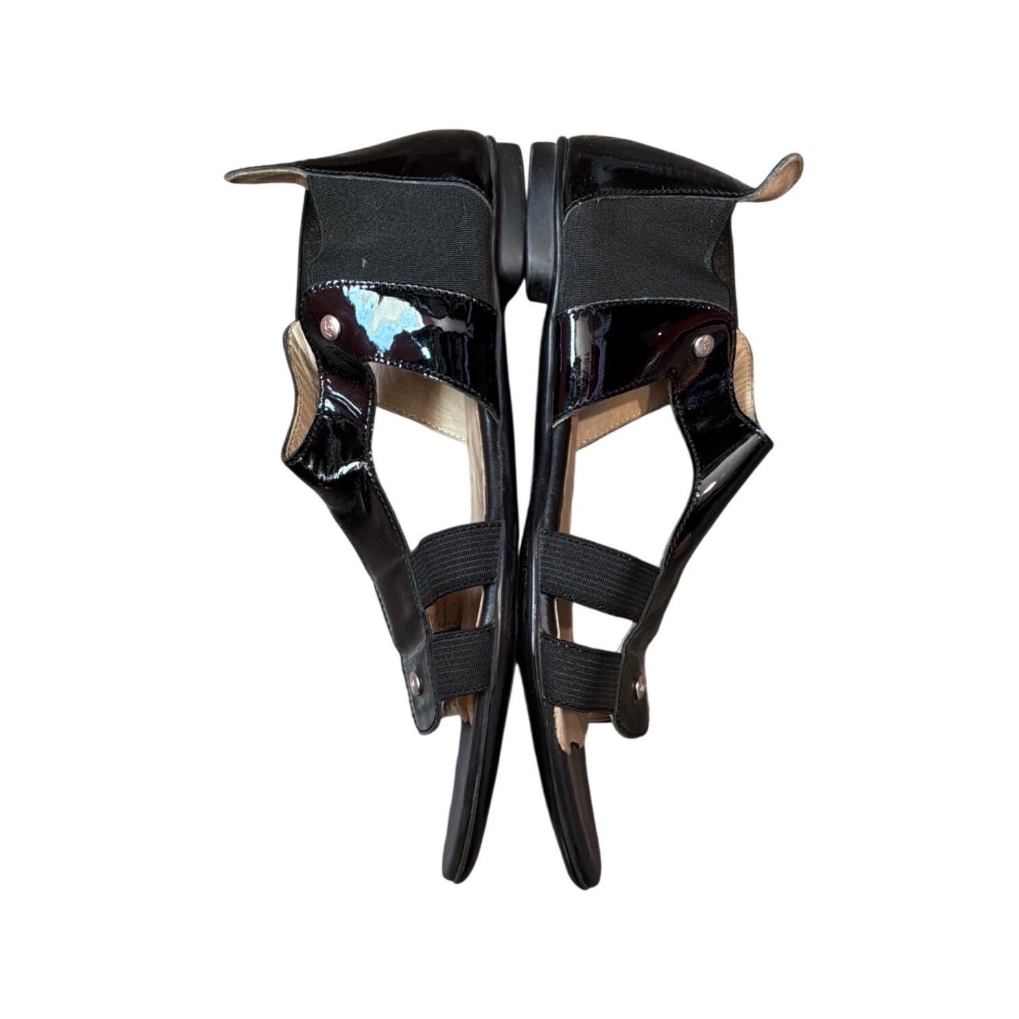 AGL Attilio Giusti Leombruni Black Patent Leather Elastic Gladiator Sandals Flat