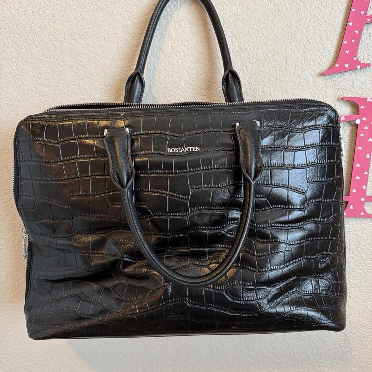 BOSTANTEN Black Croc Embossed Animal Print Zip Top Handle Satchel Bag