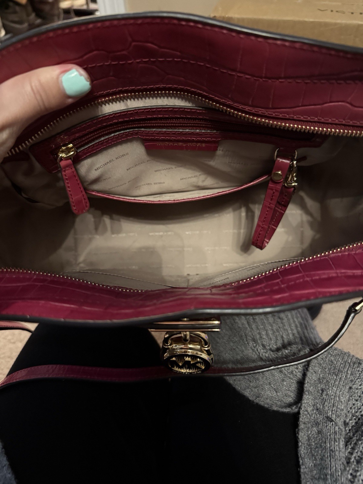 Michael Kors Burgundy Croc Embossed Satchel Top Handle Zip Bag Gold Hardware