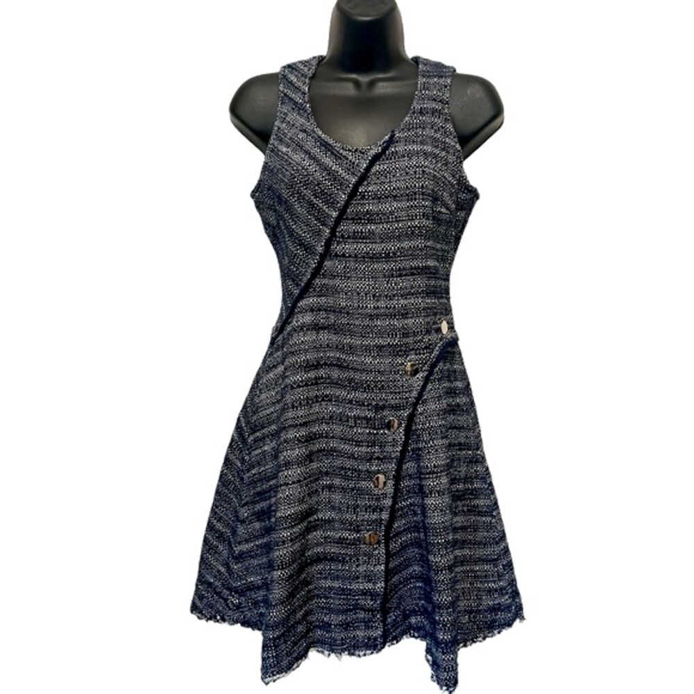 Derek Lam Blue Gray Tweed Size 2 Button Accent Sleeveless Womens Designer Dress