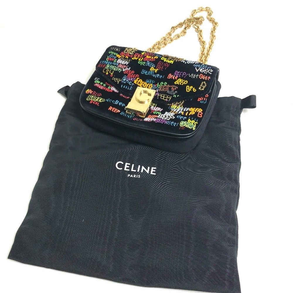 CELINE Small C Multi Beaded Chain Shoulder Bag suede Black x Multicolore