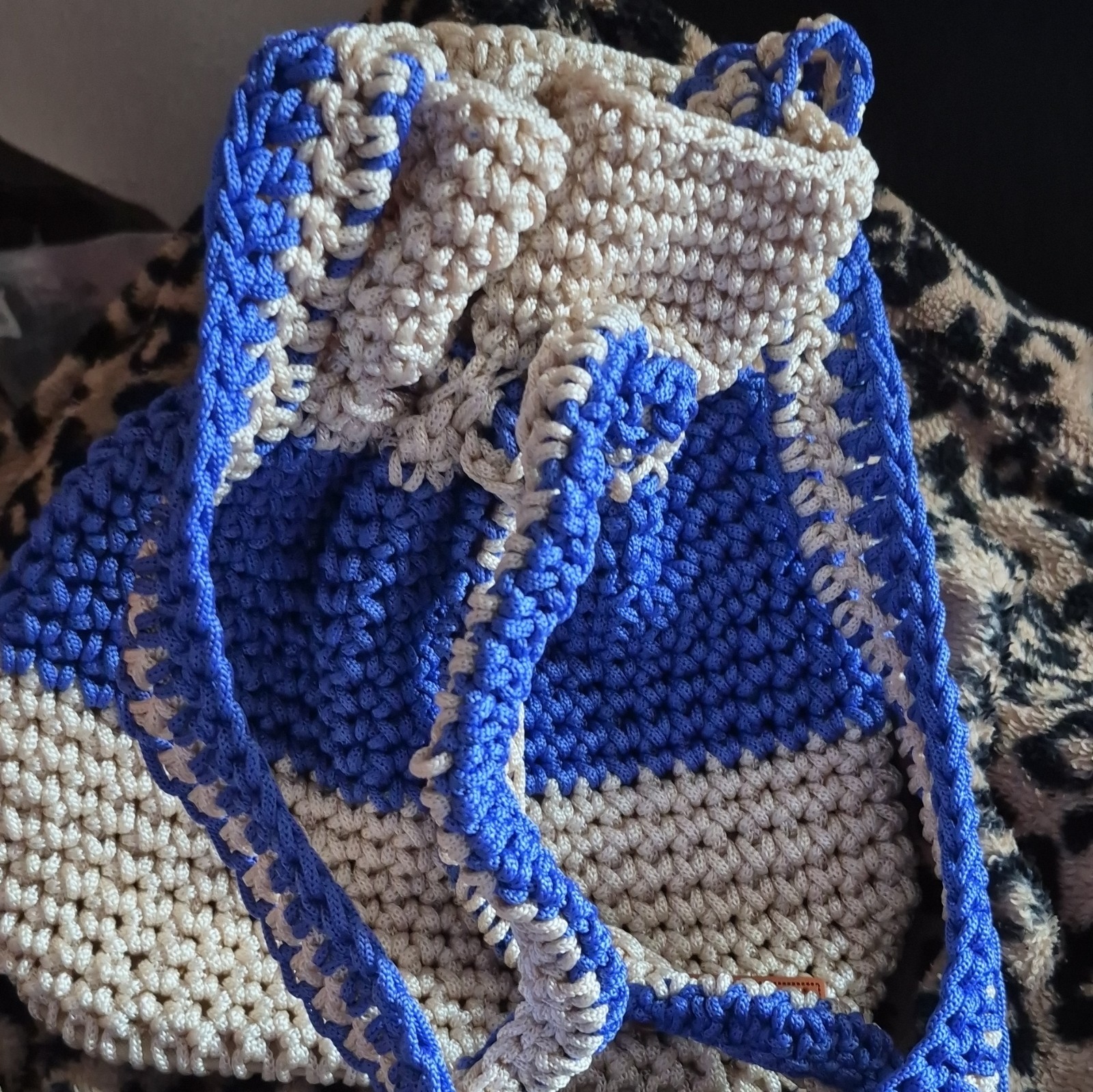 Handmade Colorblock Crochet Bucket Drawstring Bag, Blue/Beige, Strap