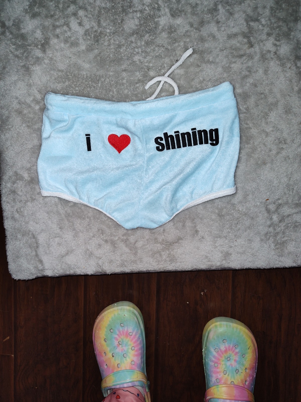 Blue Terry Cloth Towelling Shorts With I Love Shining Logo