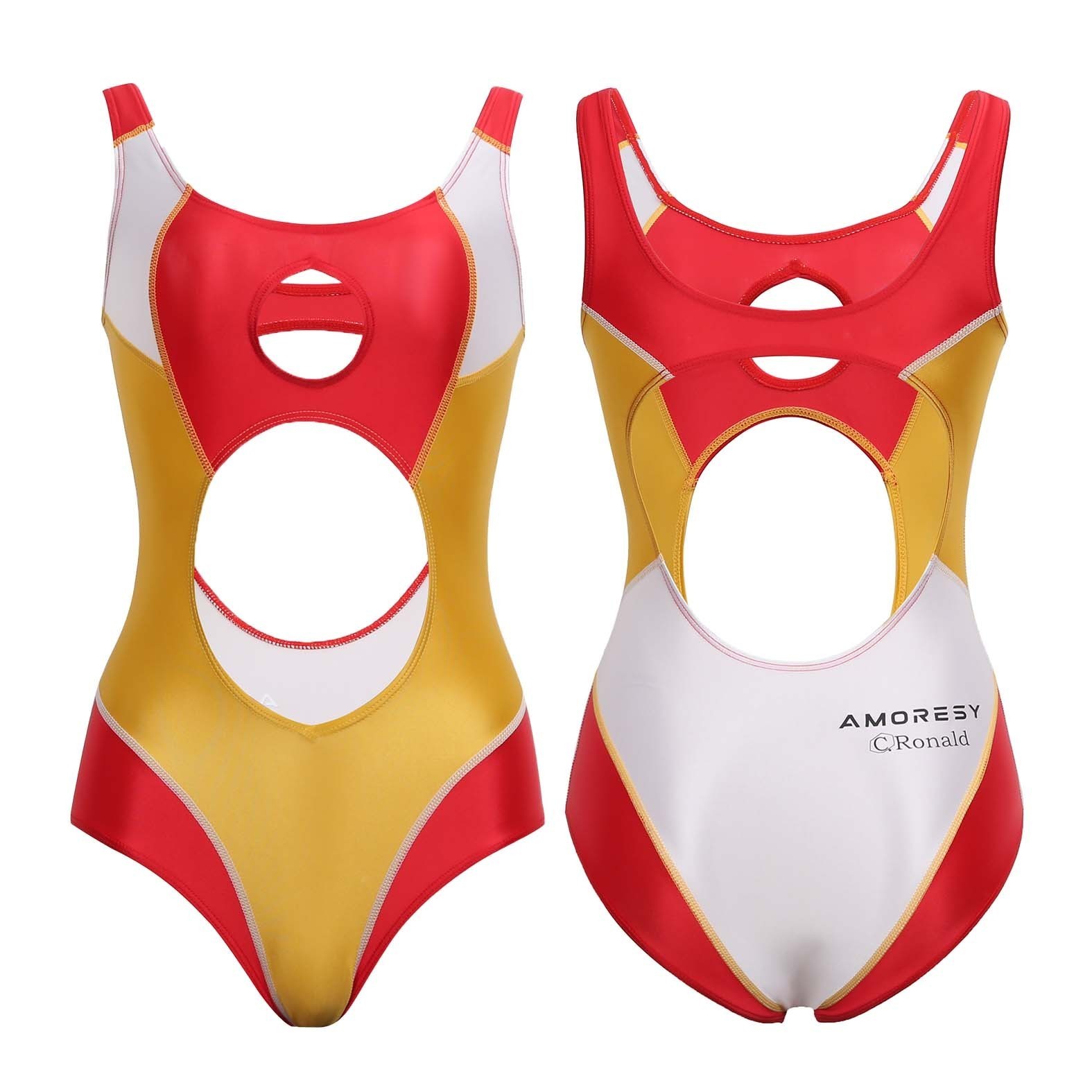 AMORESY Women Shiny Satin One Piece Swimsuits High Cut Cutout Backless Leotards
